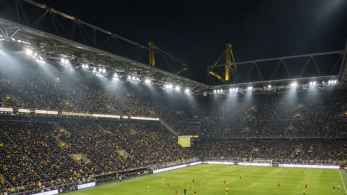 Fotbollsarena med strålkastare inför TV-sänd match
